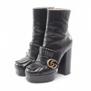 Gucci Marmont GG Brass Gold Tone Logo Black Zip Leather Platform Fringe Boots 6